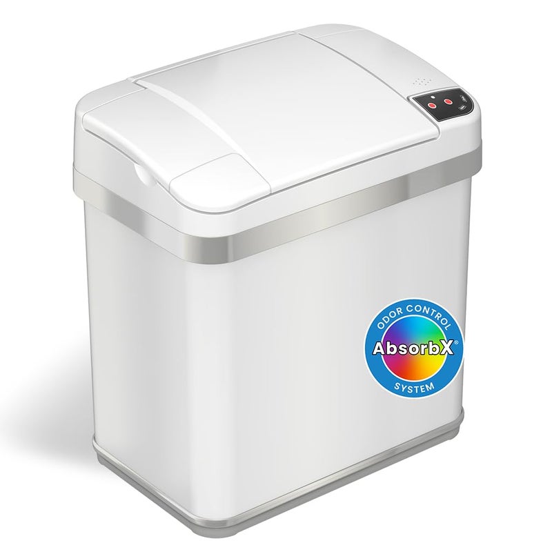 iTouchless 2.5 Gallon Sensor Bathroom Trash Can with AbsorbX Odor Filter and Air Freshener, Touchless Automatic Slim Wastebasket, Perfect Garbage Bin for Bedroom, Home, Toilet, White - Image 1